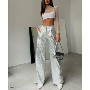 NWOT  silver metallic flare leg high waisted cargo pants US SIZE 7